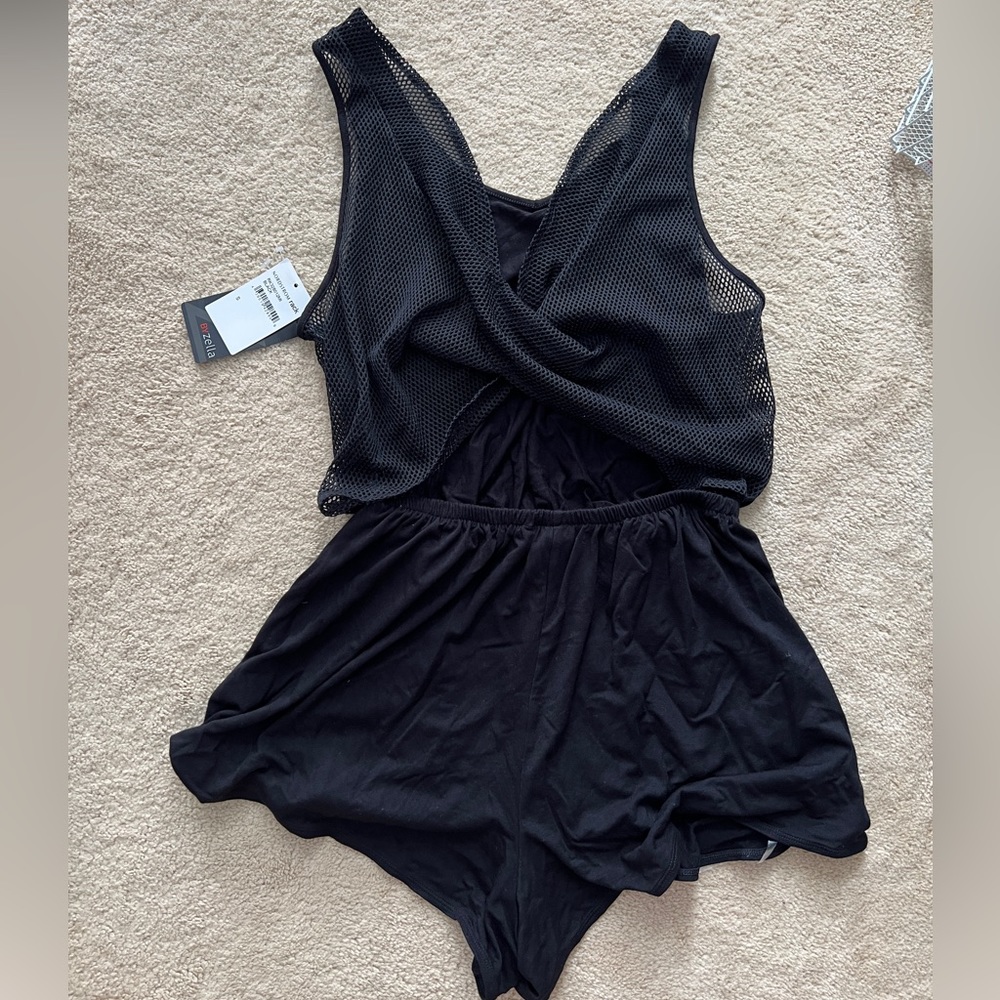 New Zella Romper shorts jumpsuit del sol mesh open twist pockets black small - Picture 2 of 5